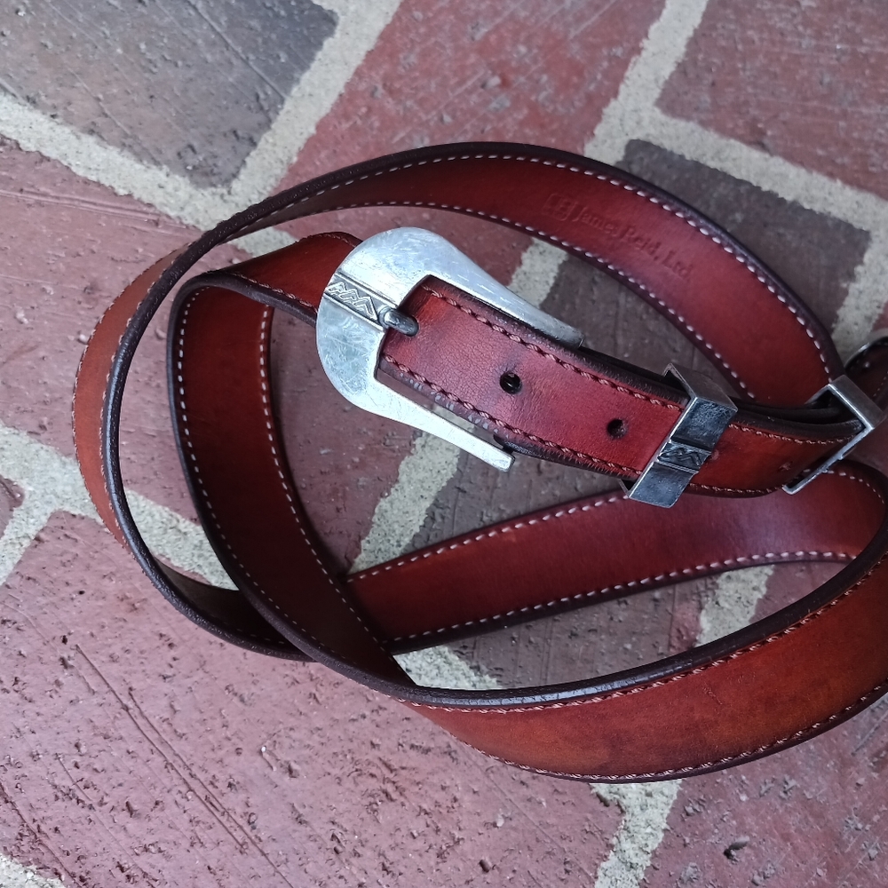Vintage JAMES REID sterling 14k western tan leather belt size XL 41"-45"